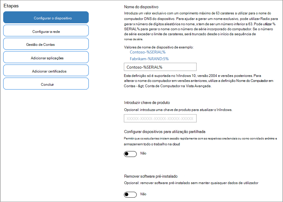 Captura de tela da especificação do nome e da chave do produto (Product Key) no aplicativo Designer de Configuração do Windows