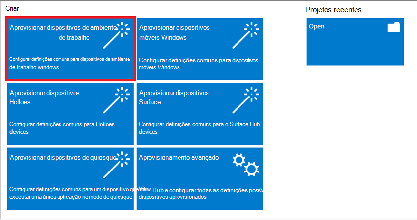 Captura de ecrã a mostrar a seleção de Aprovisionar dispositivos de ambiente de trabalho na aplicação Estruturador de Configuração do Windows