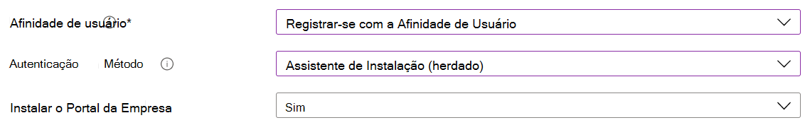 No centro de administração do Intune e no Microsoft Intune, inscreva dispositivos iOS/iPadOS com a inscrição automatizada de dispositivos (ADE). Selecione Inscrever com afinidade de utilizador, utilize o Assistente de Configuração para autenticação e instale a aplicação Portal da Empresa.