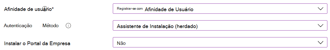 No centro de administração do Intune e no Microsoft Intune, inscreva dispositivos iOS/iPadOS com a inscrição automatizada de dispositivos (ADE). Selecione Inscrever com afinidade de utilizador, utilize o Assistente de Configuração para autenticação e não instale a aplicação Portal da Empresa.