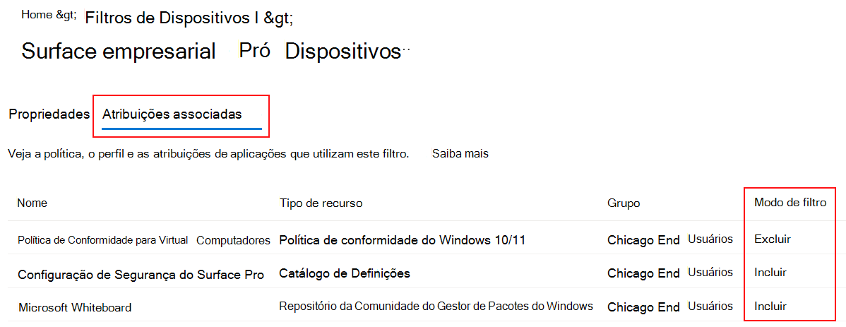 Captura de ecrã que mostra os separadores de atribuição associados para um filtro existente no Microsoft Intune.