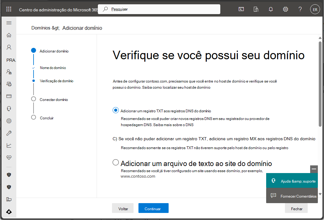 Captura de tela do Centro de administração do Microsoft 365 – Verificar domínio