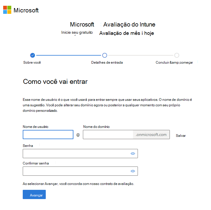 Captura de ecrã da página de configuração da conta do Microsoft Intune – Iniciar sessão