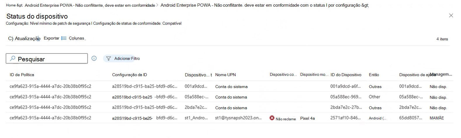 Captura de ecrã que apresenta os resultados da exploração de um resultado de estado por definição para ver os detalhes dos dispositivos que comunicaram esse estado.