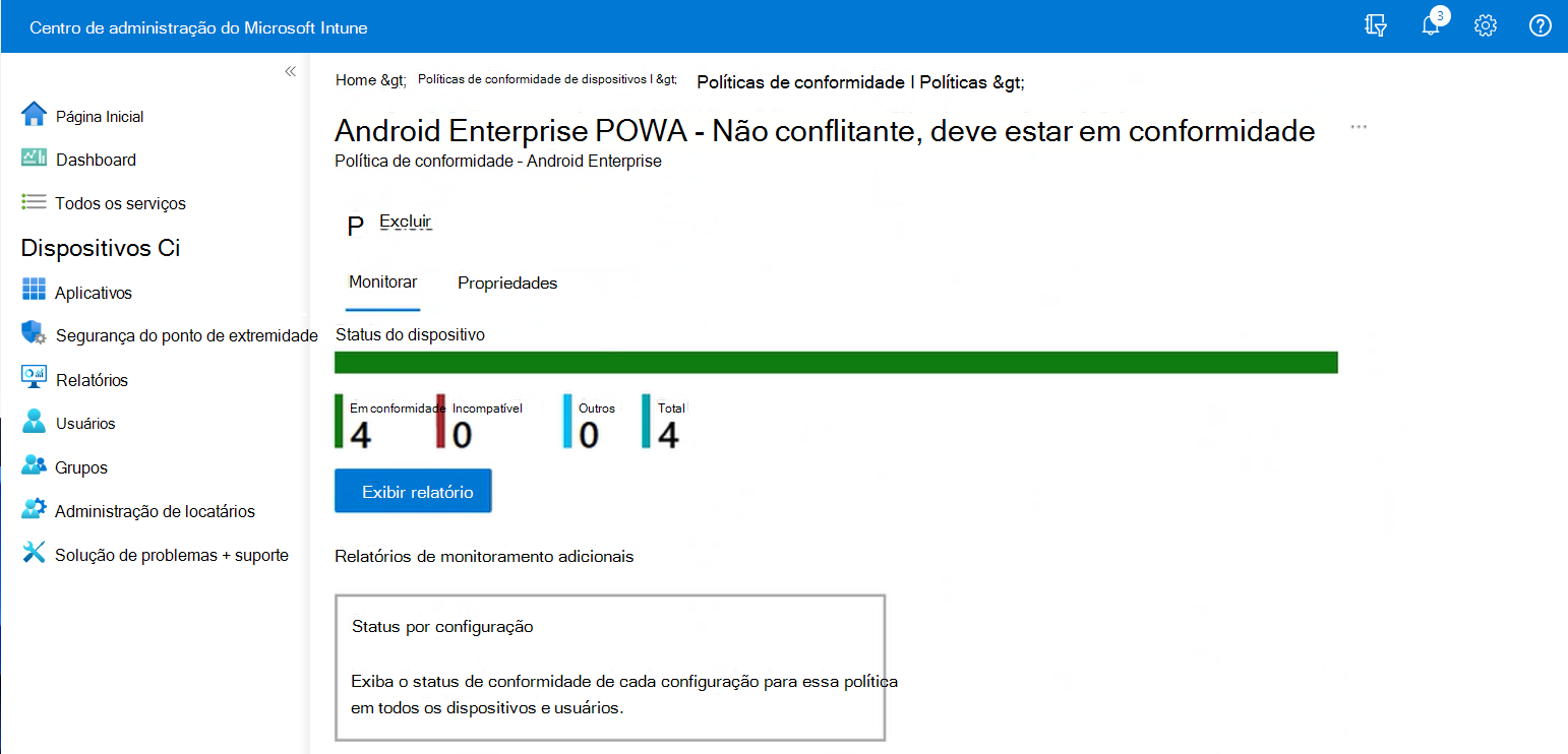 Vista do centro de administração do Intune depois de selecionar uma política de conformidade. 