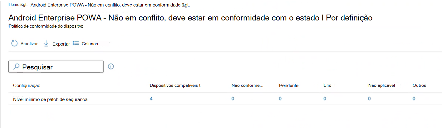 Captura de ecrã que mostra o relatório de estado detalhado por definição, depois de selecionar o botão Ver relatório no centro de administração do Intune.