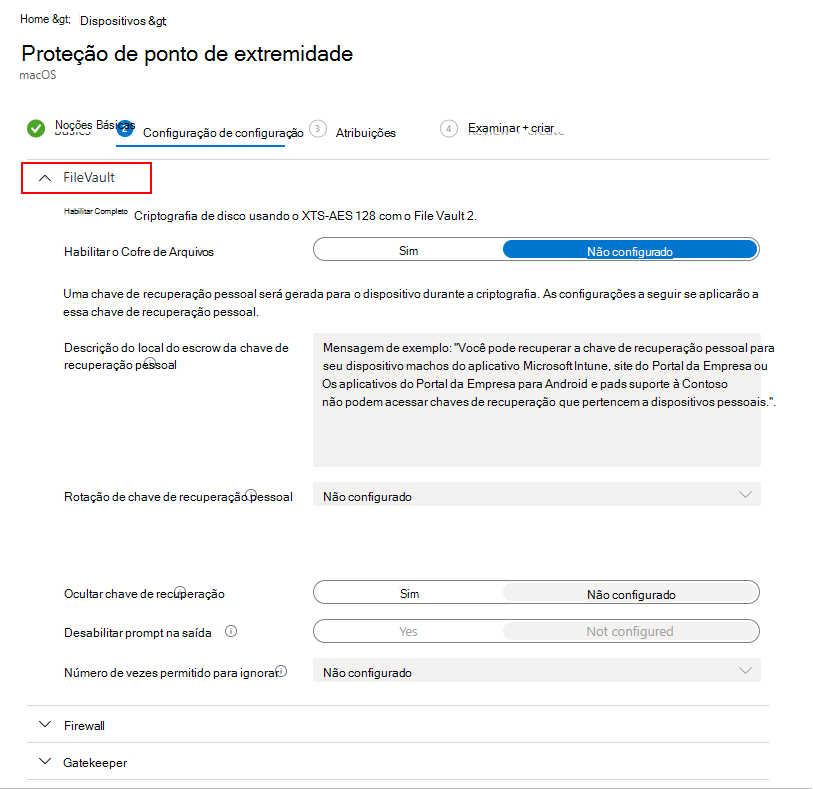 Configurações do FileVault.