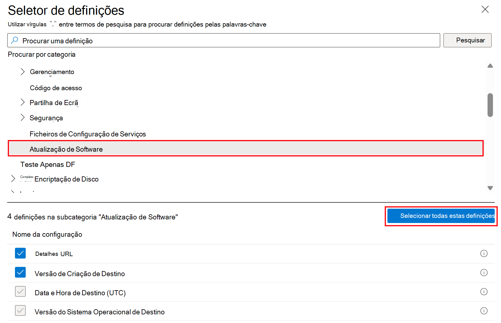 Captura de ecrã que mostra as definições de atualização de software do catálogo de definições para dispositivos Apple no Microsoft Intune.