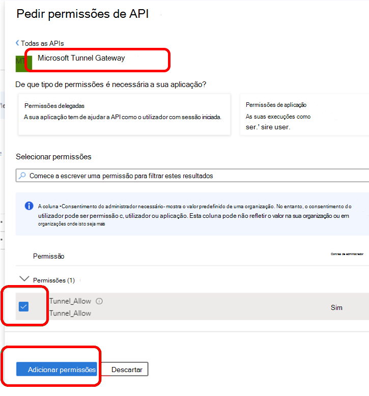 Configurar permissões de API para o Gateway de Túnel da Microsoft.