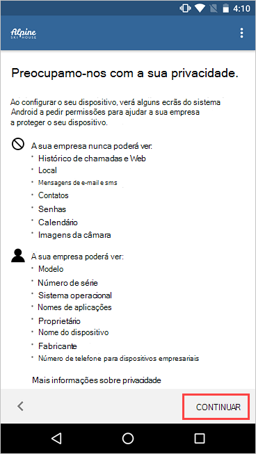 Captura de ecrã do Portal da Empresa, preocupamo-nos com o seu ecrã de privacidade, realçando o botão Continuar.