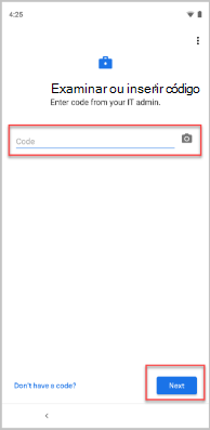 Imagem de exemplo do ecrã Digitalizar ou introduzir código, realçando o botão Seguinte.