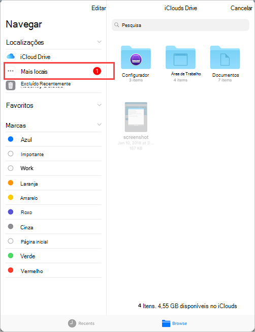 Captura de ecrã de exemplo do iCloud Drive, menu Procurar a realçar a opção Mais Localizações.