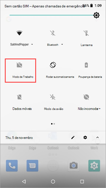 Captura de ecrã do ícone do modo de trabalho inativo nas definições rápidas do Nexus 5X.