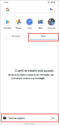 Captura de tela do botão de alternância do perfil de trabalho desativado na gaveta de aplicativos do Samsung Galaxy S20.