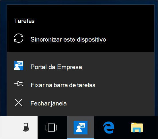 Captura de ecrã a mostrar a barra de tarefas do Windows no ambiente de trabalho de um dispositivo. Portal da Empresa ícone da aplicação foi selecionado e mostra um menu com as opções 