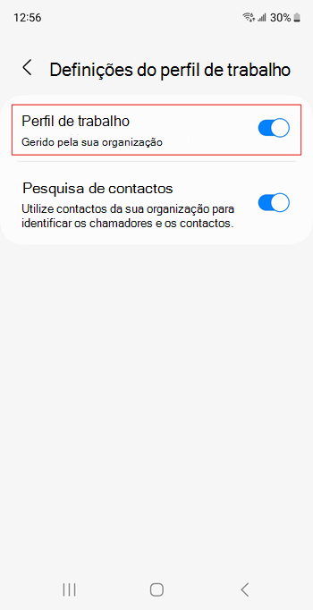 Captura de ecrã do botão de alternar Perfil de trabalho ativado nas definições do dispositivo Samsung Galaxy S20.