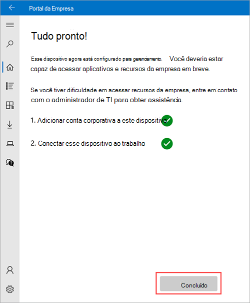 Imagem de exemplo do Portal > da Empresa Está pronto no ecrã, realçando o botão Concluído.