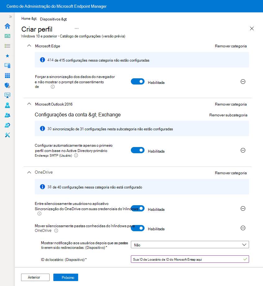 Captura de ecrã que mostra um exemplo de um perfil de catálogo de definições no Microsoft Intune.