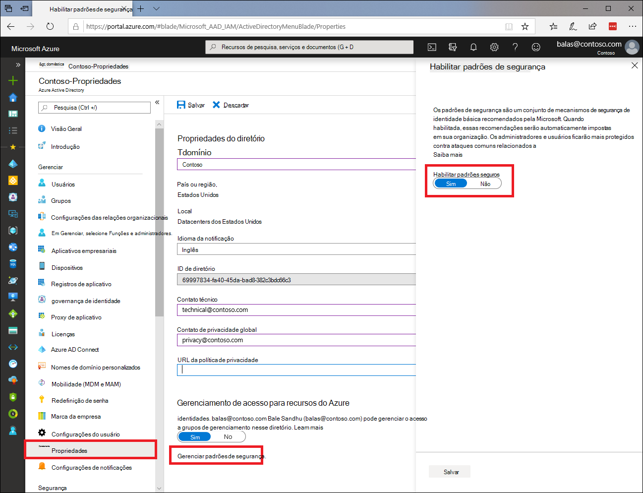 Captura de tela do portal do Azure com o alternância para habilitar padrões de segurança.