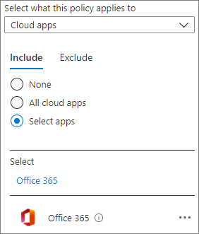 Captura de ecrã da aplicação na nuvem do Office 365 numa política de Acesso Condicional do Microsoft Entra.