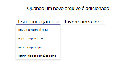 Captura de ecrã da página da instrução de regra a mostrar a opção escolher ação realçada.