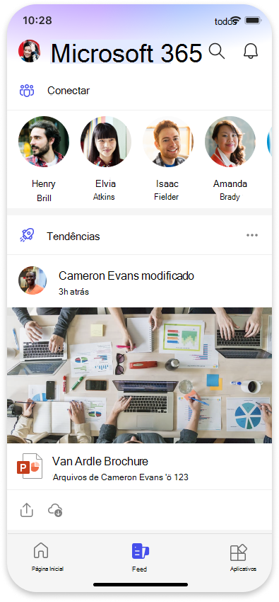 Captura de ecrã a mostrar o Feed Microsoft no Microsoft 365 Mobile.