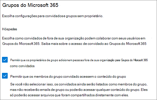 Captura de ecrã a mostrar as definições de convidado dos Grupos do Microsoft 365 no centro de administração do Microsoft 365.