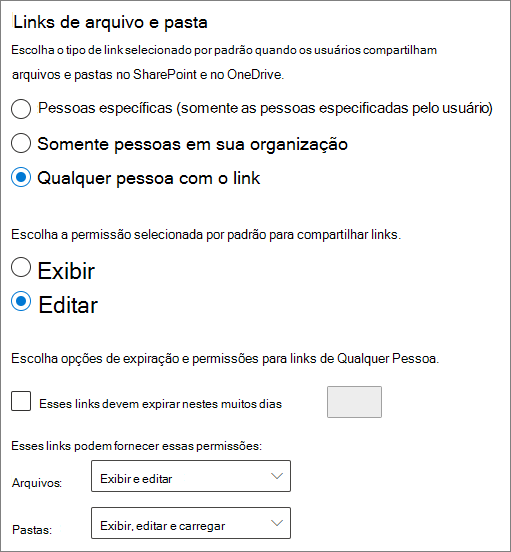 Captura de tela das configurações de compartilhamento de pastas e arquivos no nível da organização do SharePoint