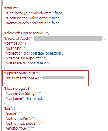 Captura de tela da chave applicationInsight no projeto JSON.