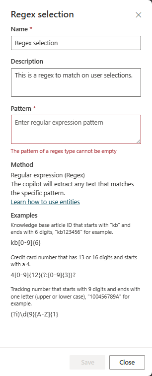 Captura de tela do painel de entidades regex.