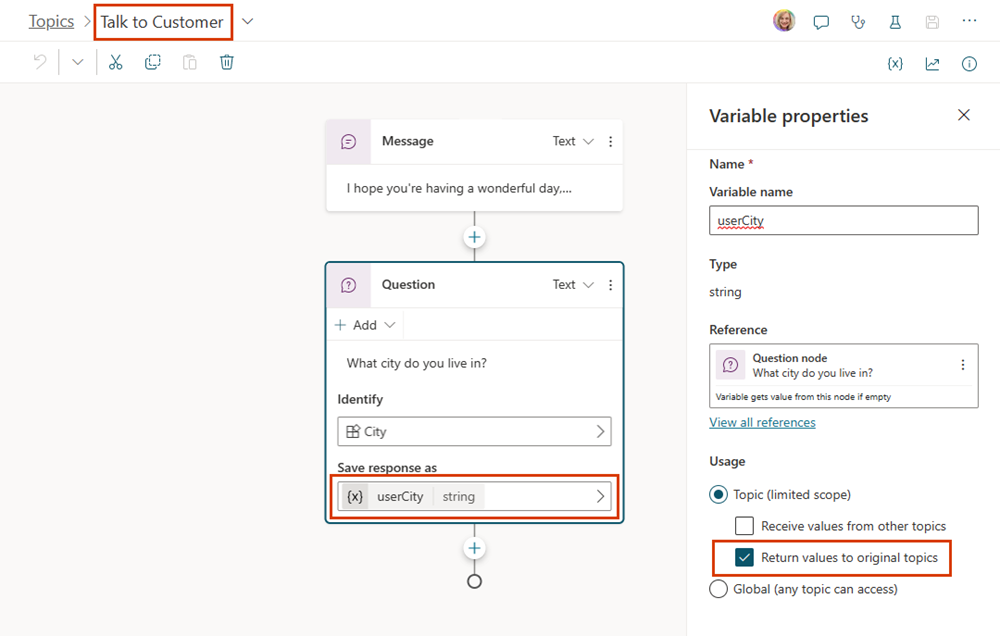 Captura de tela do tópico Conversar com o Cliente com a variável userCity e suas propriedades destacadas.