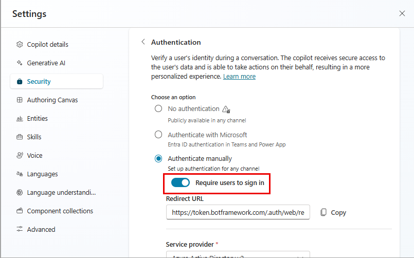 Captura de tela do painel de autenticação mostrando a opção Exigir que o usuário faça login.