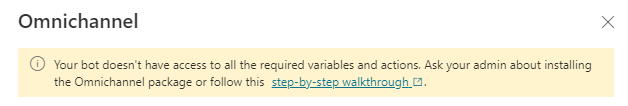 Mensagem na parte superior do painel de configuração do omnicanal informando que seu bot não tem acesso.