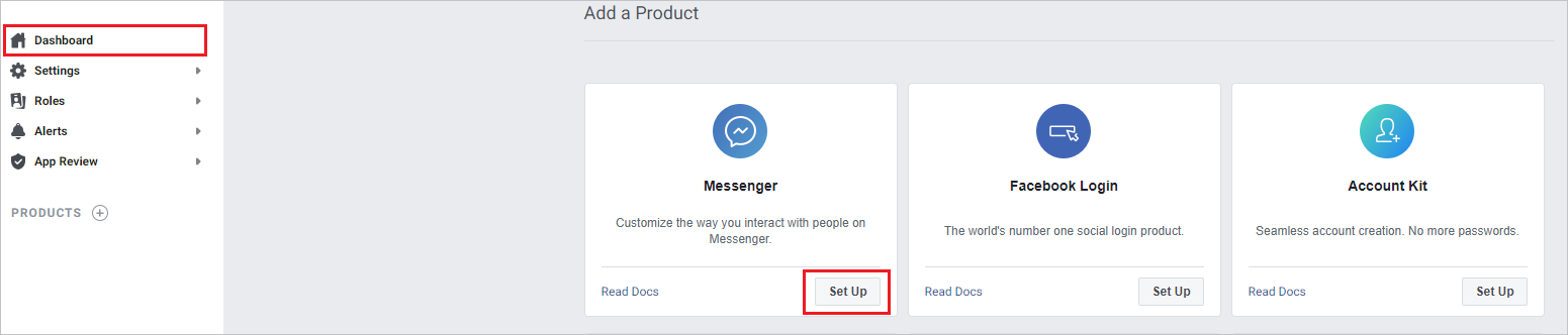 Adicione o produto Messenger.