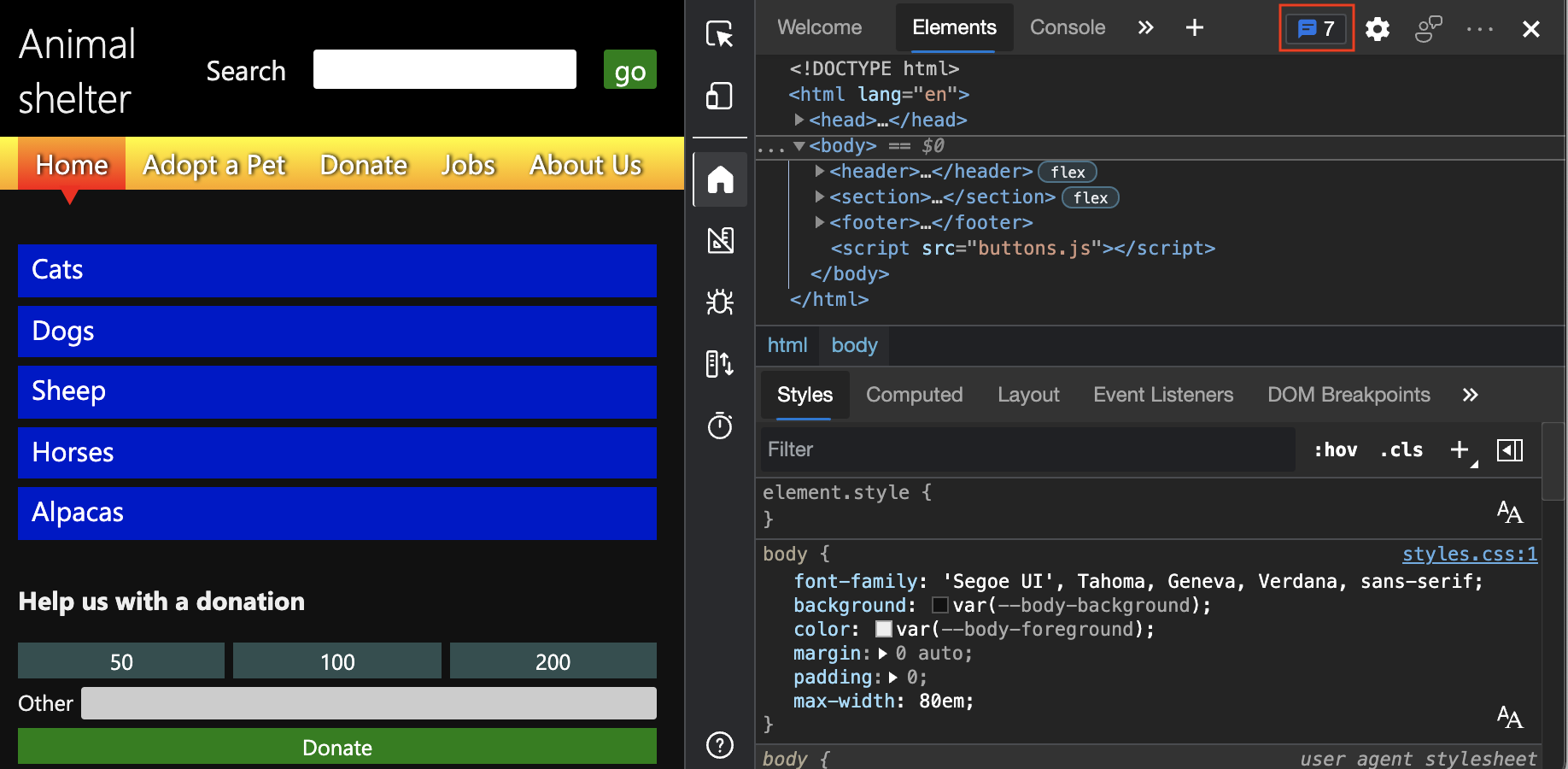 O contador Problemas em DevTools, que indica quantos problemas existem no documento atual