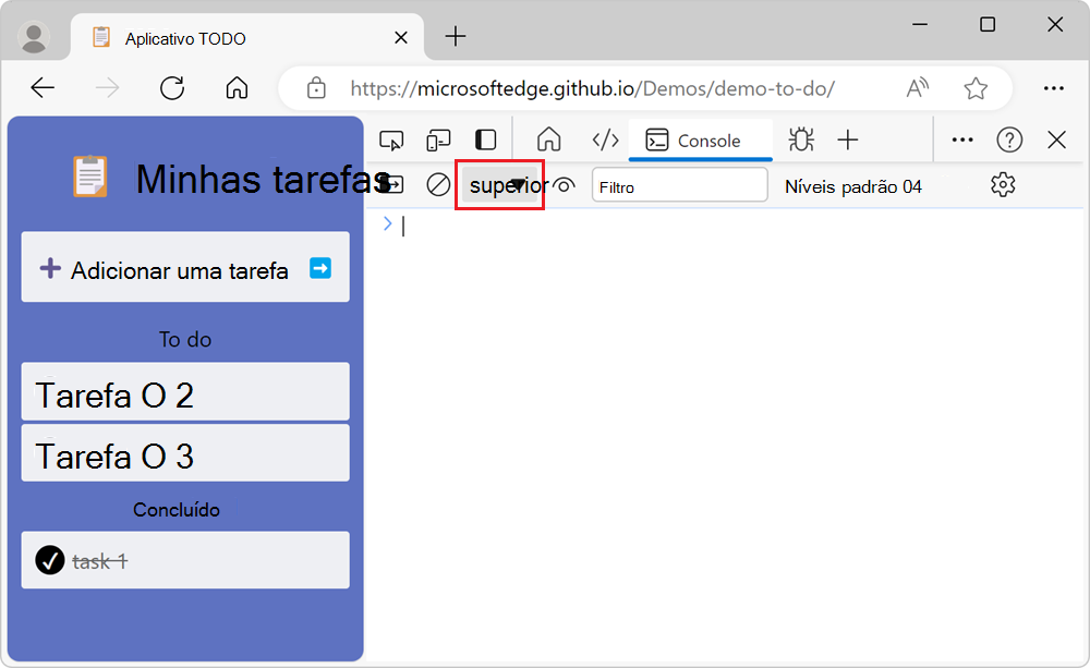 A lista suspensa de contexto JavaScript, mostrando que o contexto superior está selecionado