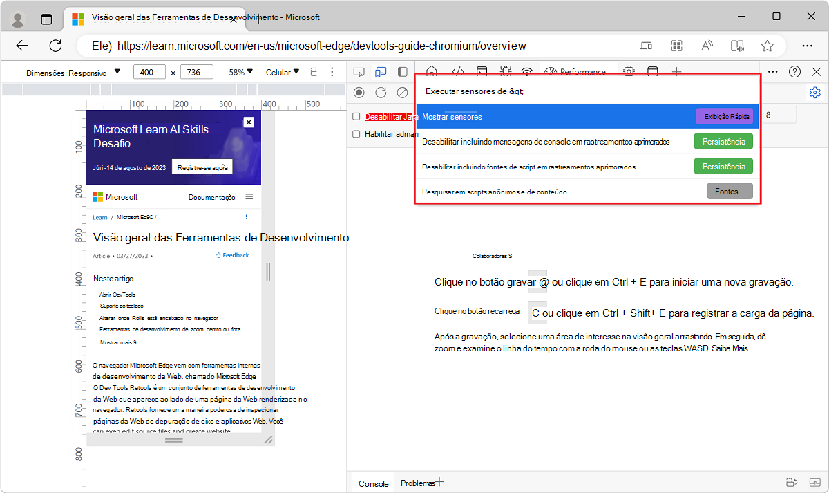 A mostrar sensores para geolocalização, no Menu de Comandos