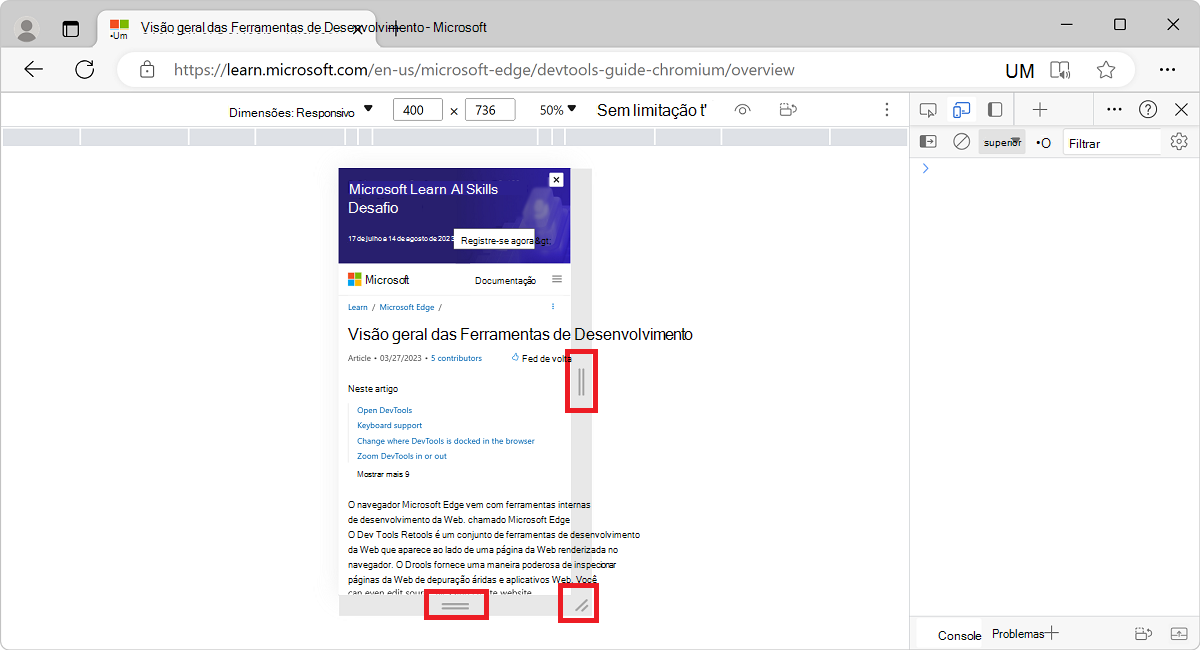 Os identificadores para alterar as dimensões da janela viewport quando estão no Modo Viewport Reativo