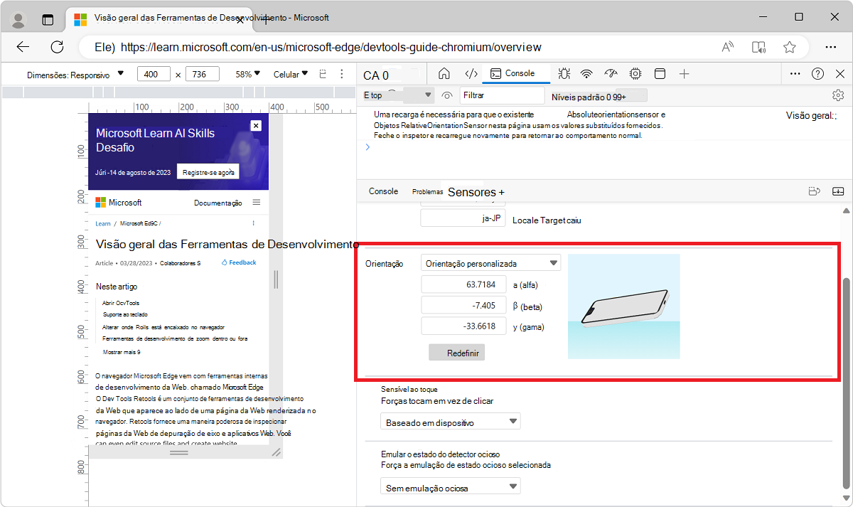 Opções de orientação na ferramenta Sensores