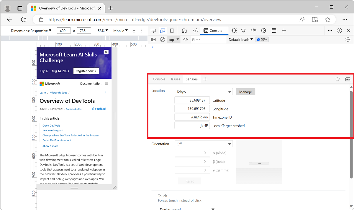 Ferramenta Sensores com uma localização predefinida selecionada