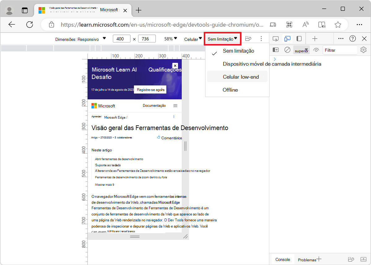 A lista Limitação na Barra de Ferramentas do Dispositivo