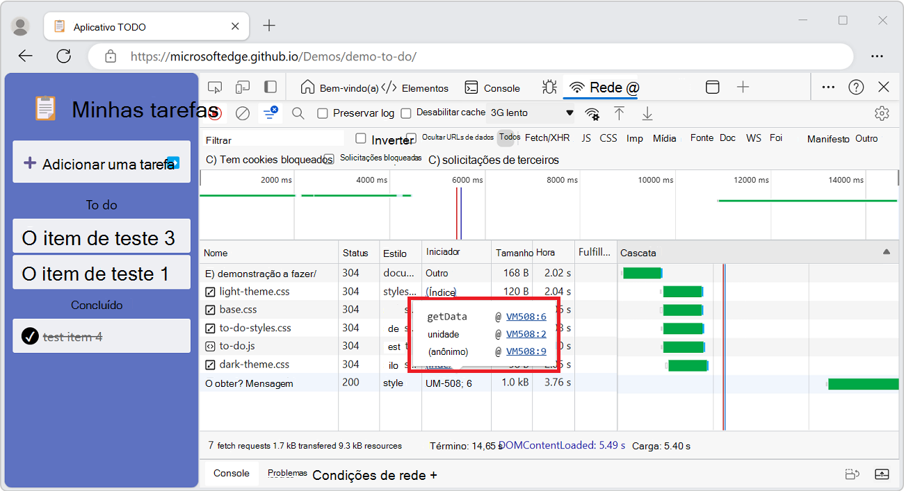 O rastreamento de pilha que antecede uma solicitação de recurso