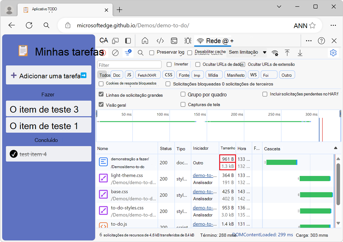 Um exemplo de recursos não compactados