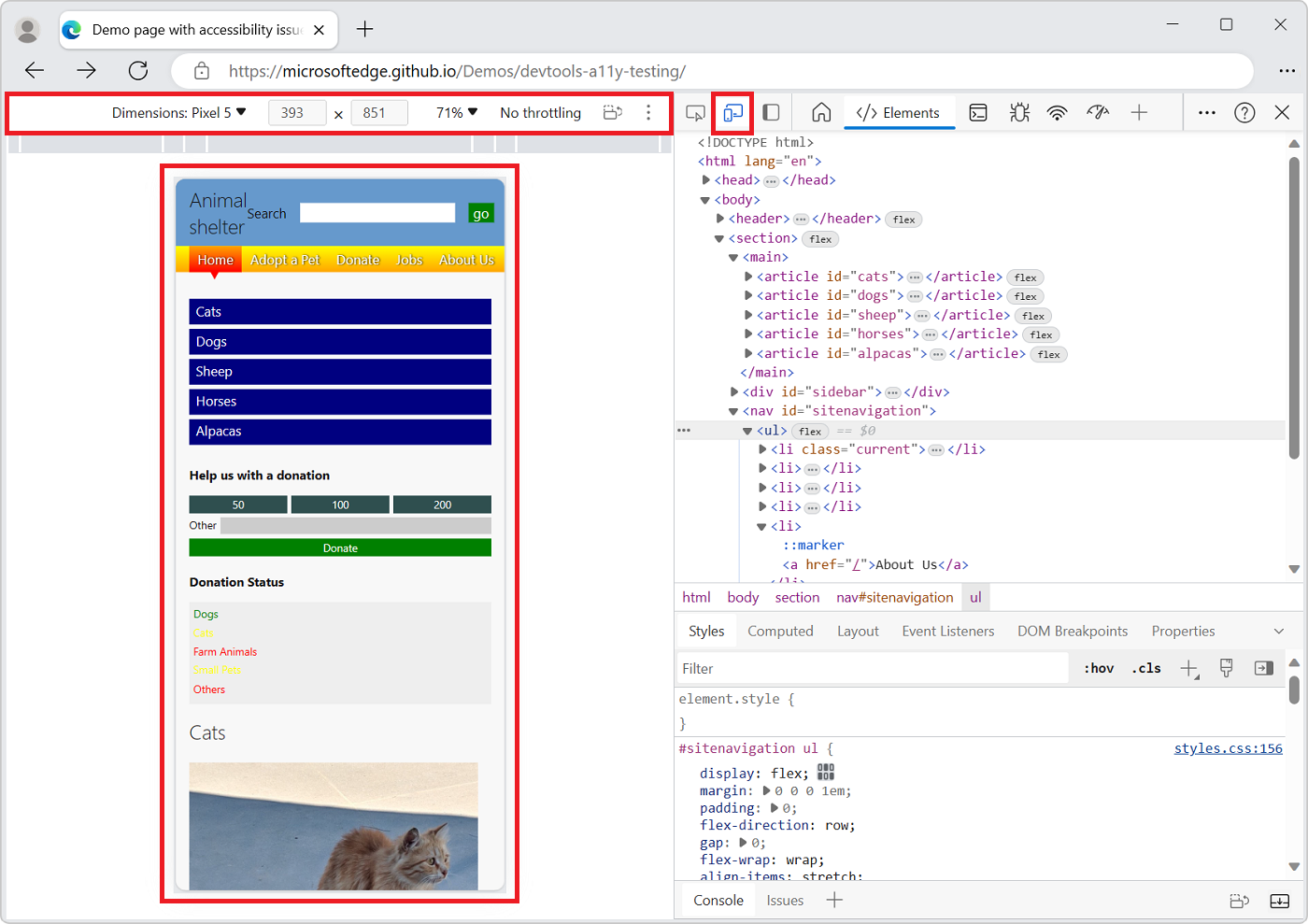 Apresentação de DevTools deste artigo num telemóvel emulado