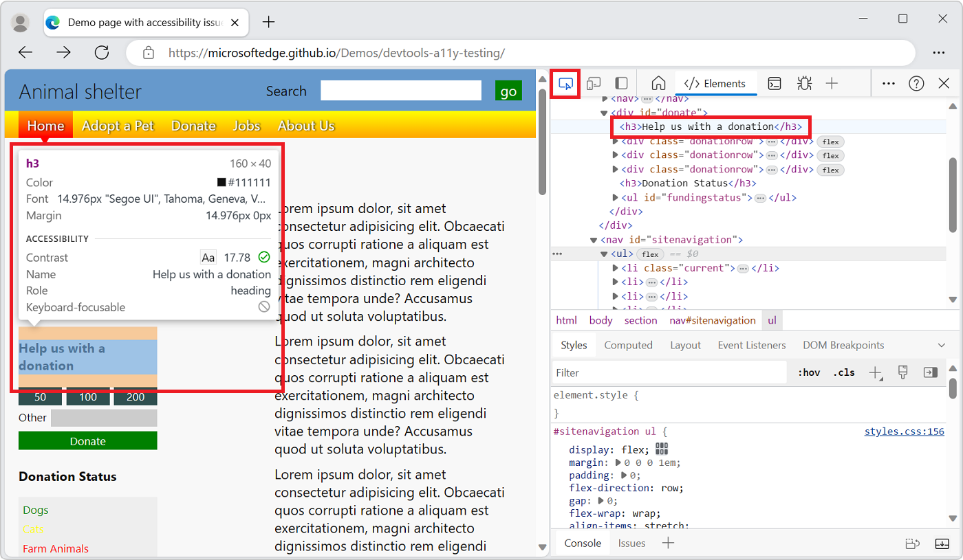 A ferramenta Inspecionar ao pairar o cursor do rato com o primeiro título deste artigo