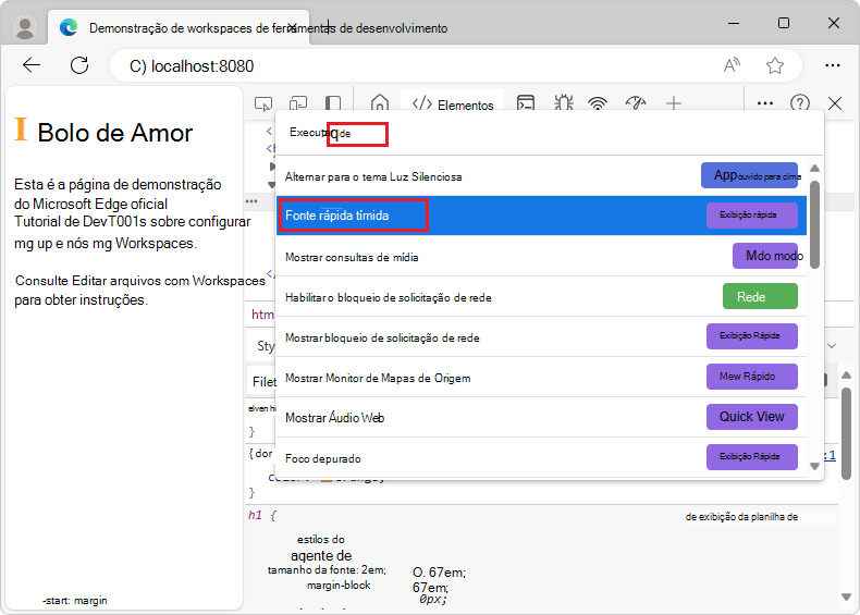 Abra a ferramenta 'Fonte Rápida' usando o Menu de Comando