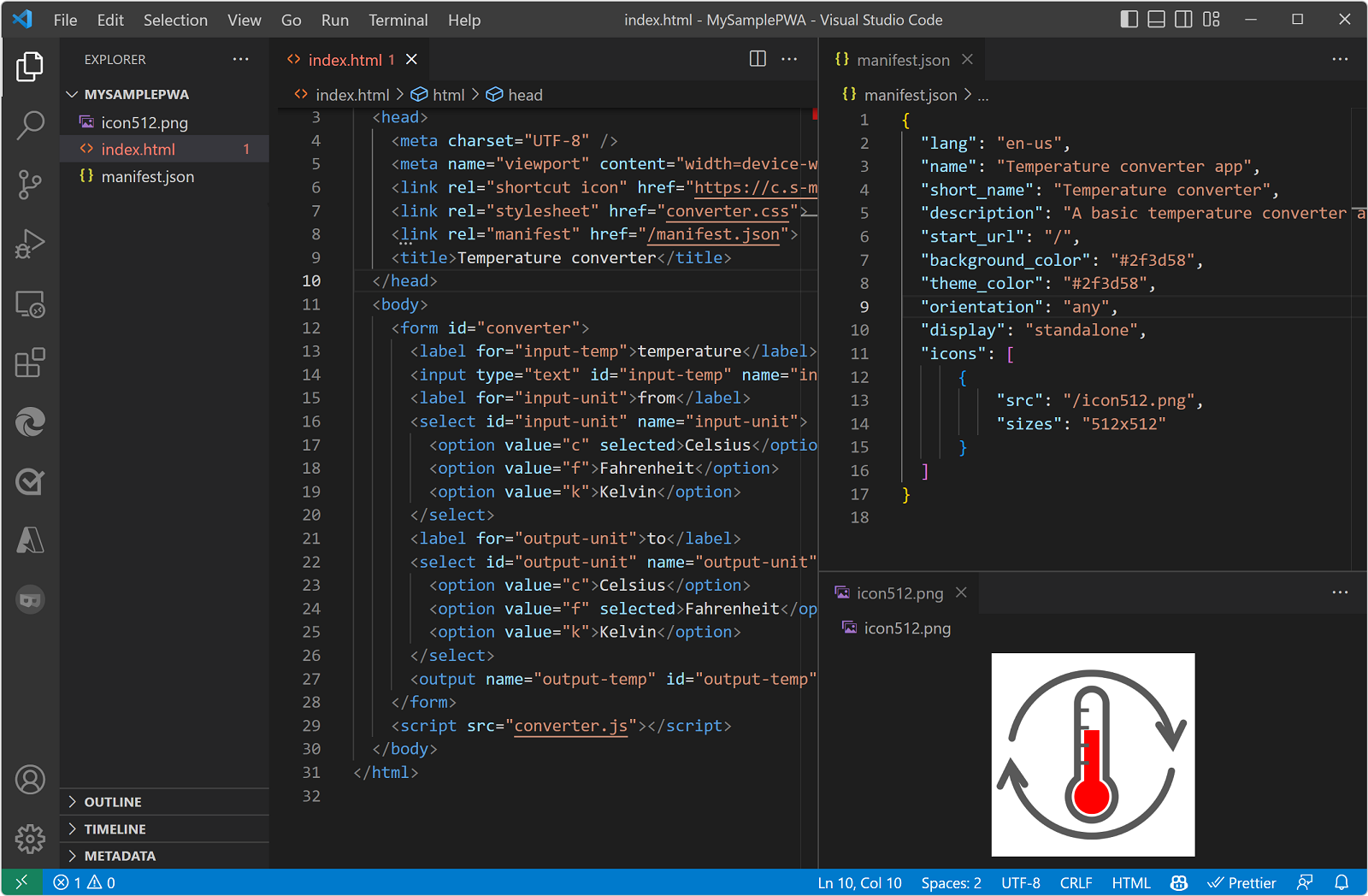 Captura de ecrã do VS Code a mostrar o projeto PWA de exemplo, com os ficheiros index.html, manifest.json e ícone