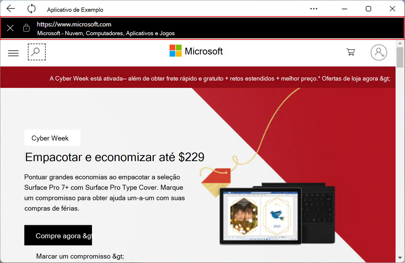 A interface do usuário adicional com URL e título de página quando o aplicativo é redirecionado para outro domínio