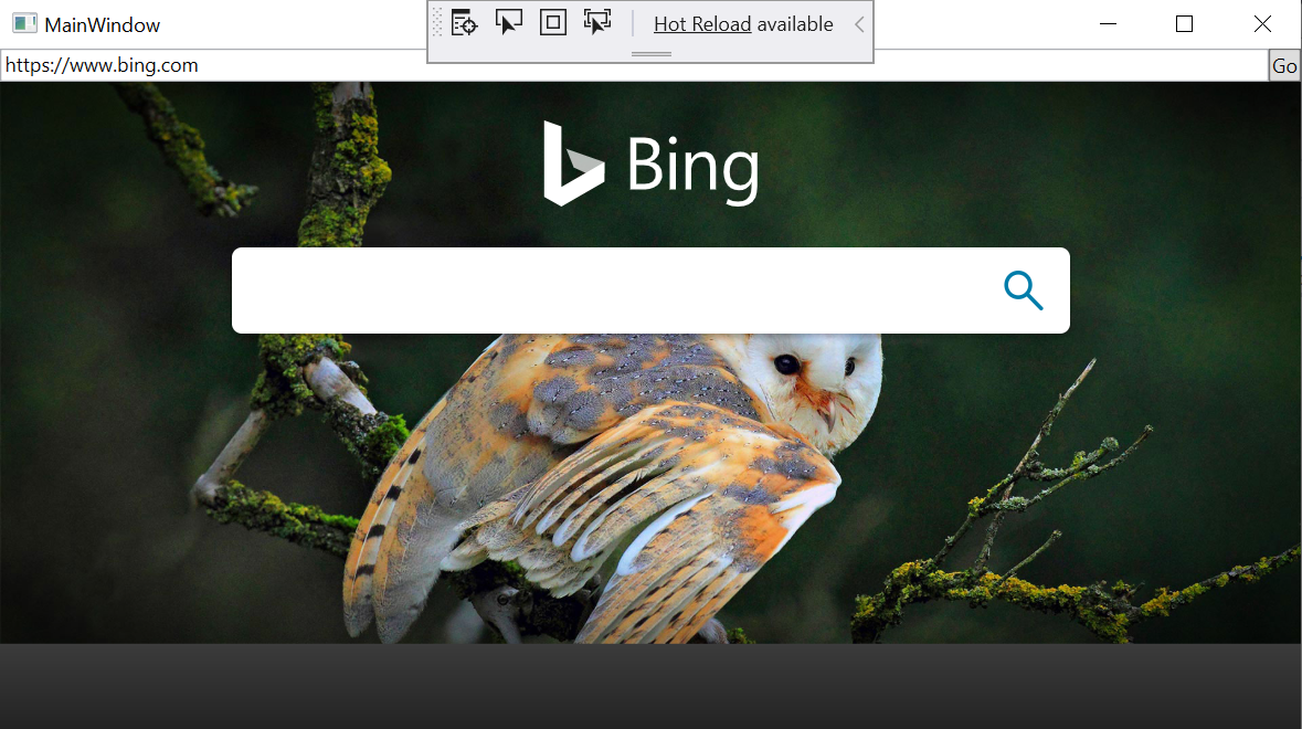 A aplicação apresenta o site do Bing