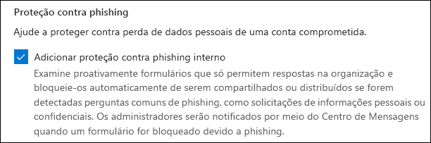 Microsoft Forms admin setting for phishing protection